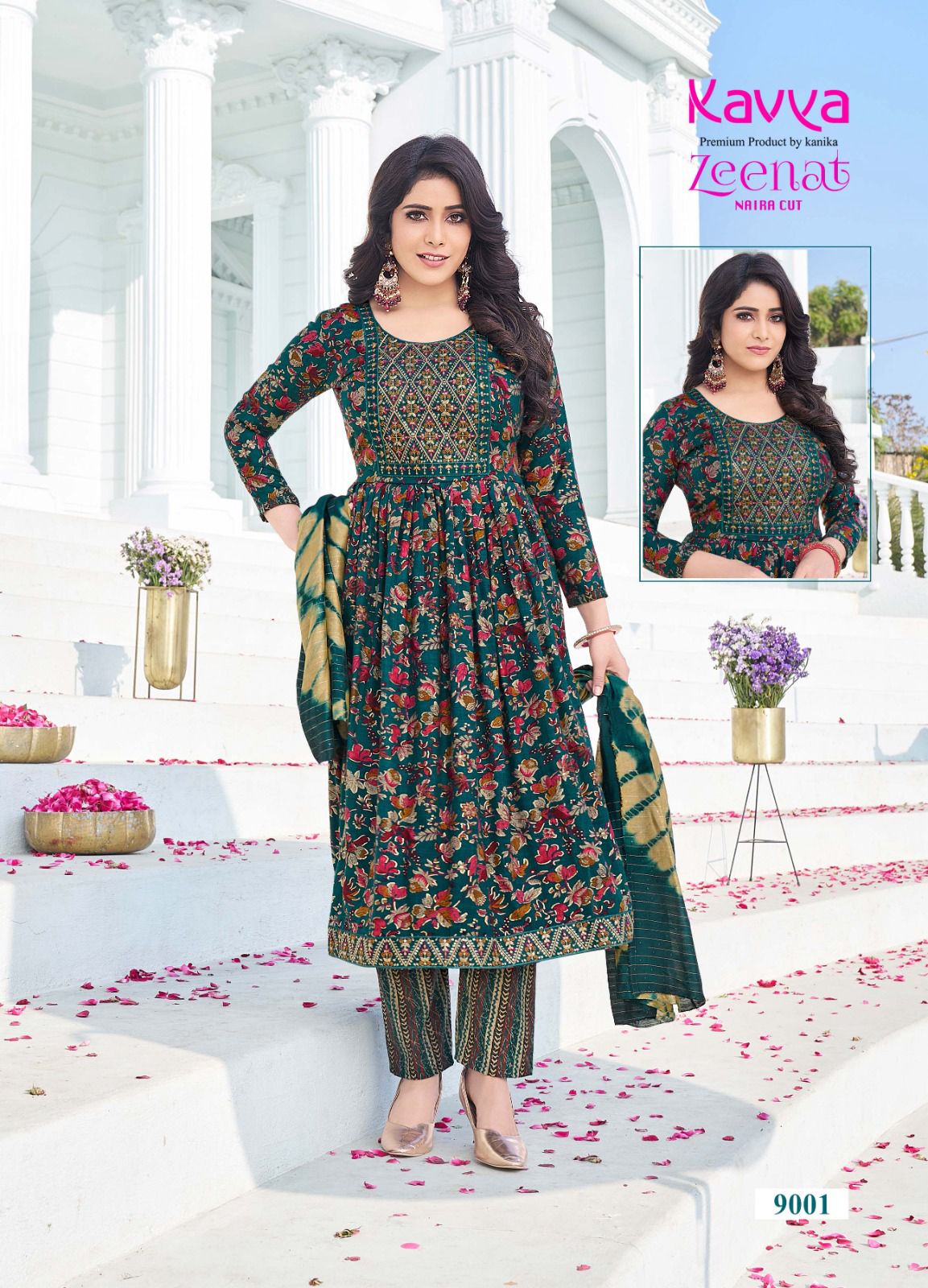 Zeenat Vol 9 By Kavya Naira Cut Printed Kurti With Bottom Dupatta Wholesale Online